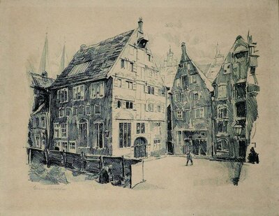 Edmund Schaefer, Blick in die Böttcherstraße auf das Roselius-Haus, um 1922, Lithografie 27 x 34 cm
