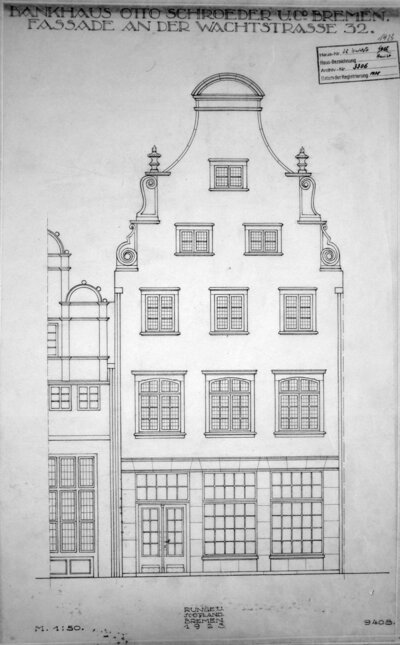 Runge & Scotland, Bauzeichnung Fassade Wachtstraße 32 (Bremen-Amerika-Bank)