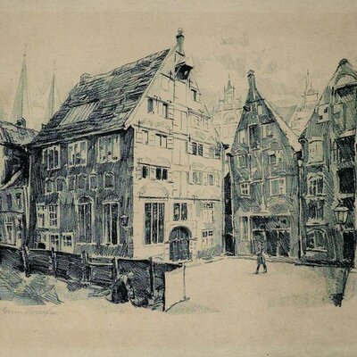 Edmund Schaefer, Blick in die Böttcherstraße auf das Roselius-Haus, um 1922, Lithografie 27 x 34 cm
